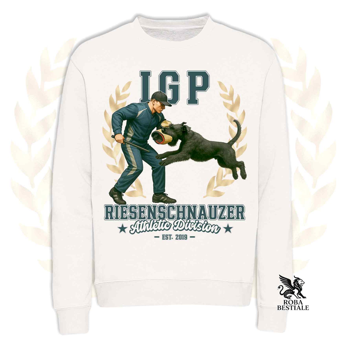 Una felpa girocollo stampata con un Riesenschnauzer che fa IGP. Grafica originale Roba Bestiale