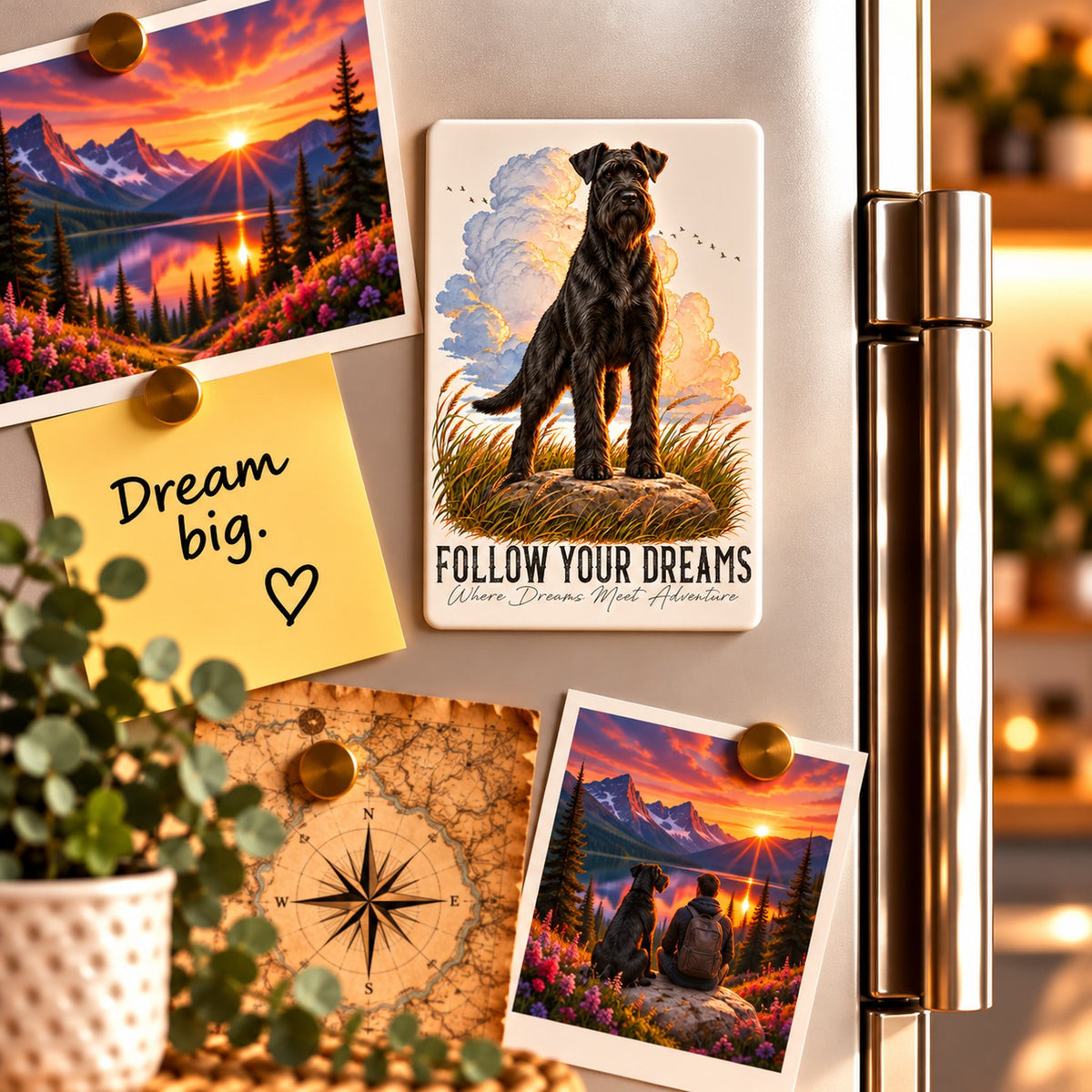 Calamita con RIESENSCHNAUZER nero, illustrazione e scritta “FOLLOW YOUR DREAMS”