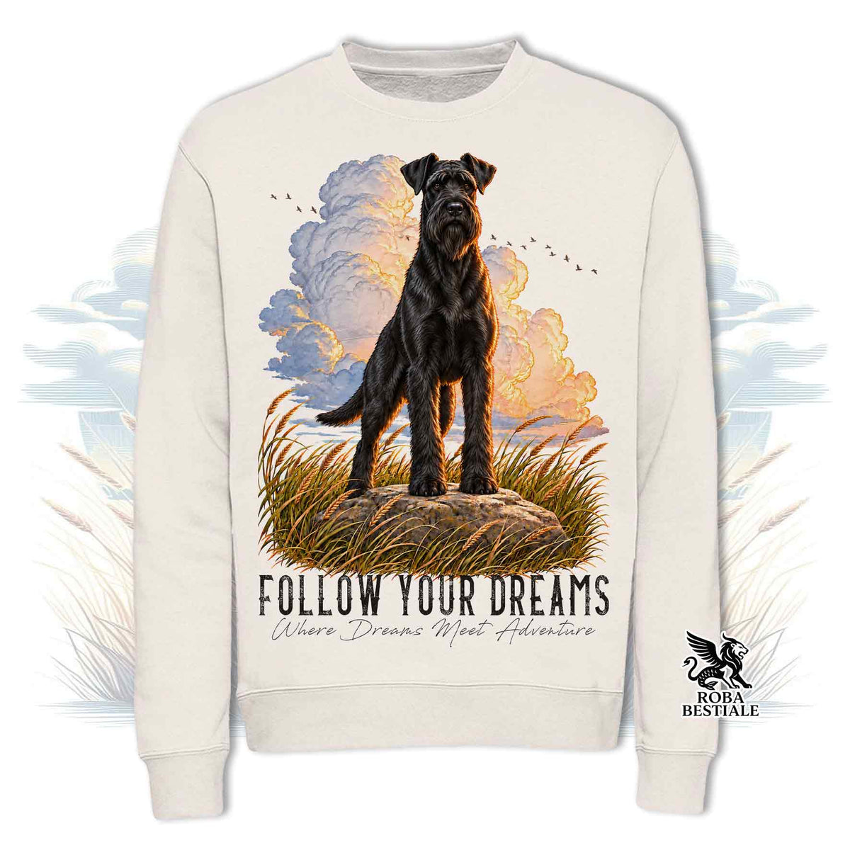 Felpa girocollo beige chiaro con grafica cane nero e logo Roba Bestiale