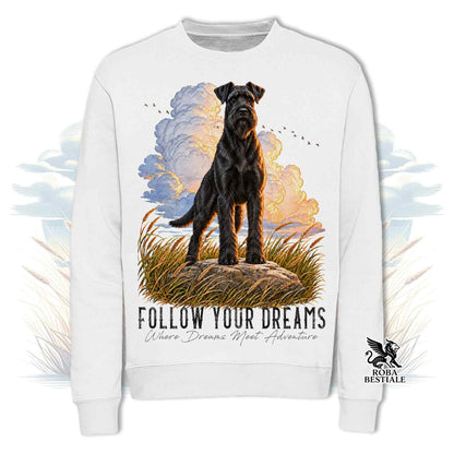 Felpa girocollo chiara con grafica cane nero su nuvole e scritta “Follow Your Dreams”
