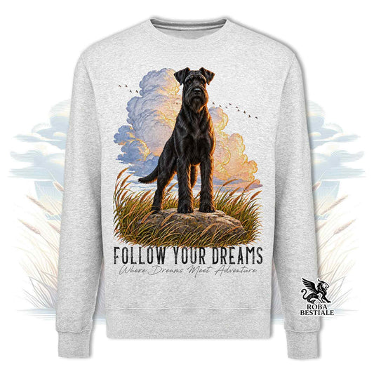 Felpa girocollo grigio melange con grafica cane nero e scritta “Follow Your Dreams”
