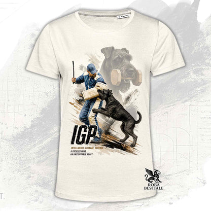 T-shirt beige stampata con uno Schnauzer Gigante in una grafica dedicata all'IGP, collezione Zero DIstance di Roba Bestiale