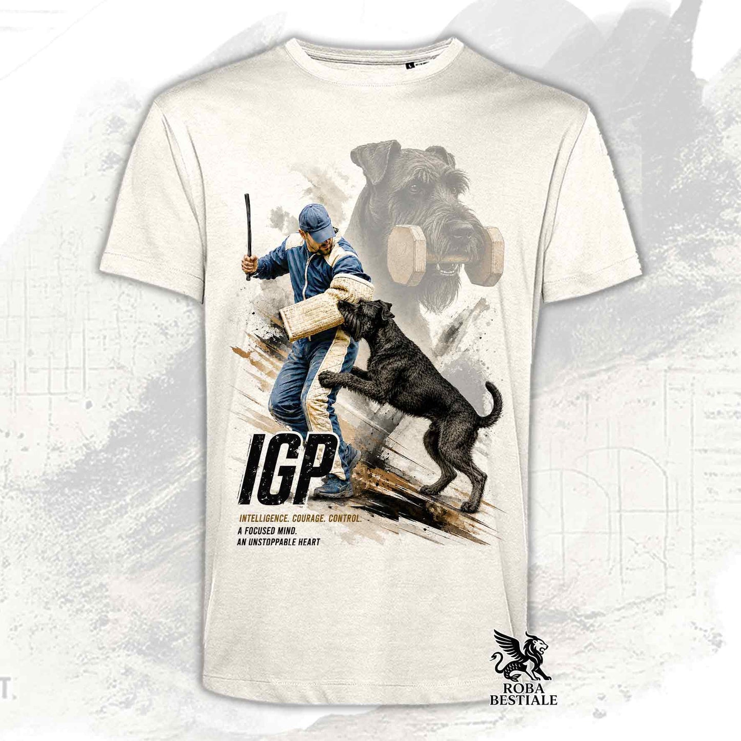 T-shirt beige stampata con uno Schnauzer Gigante in una grafica dedicata all'IGP, collezione Zero DIstance di Roba Bestiale