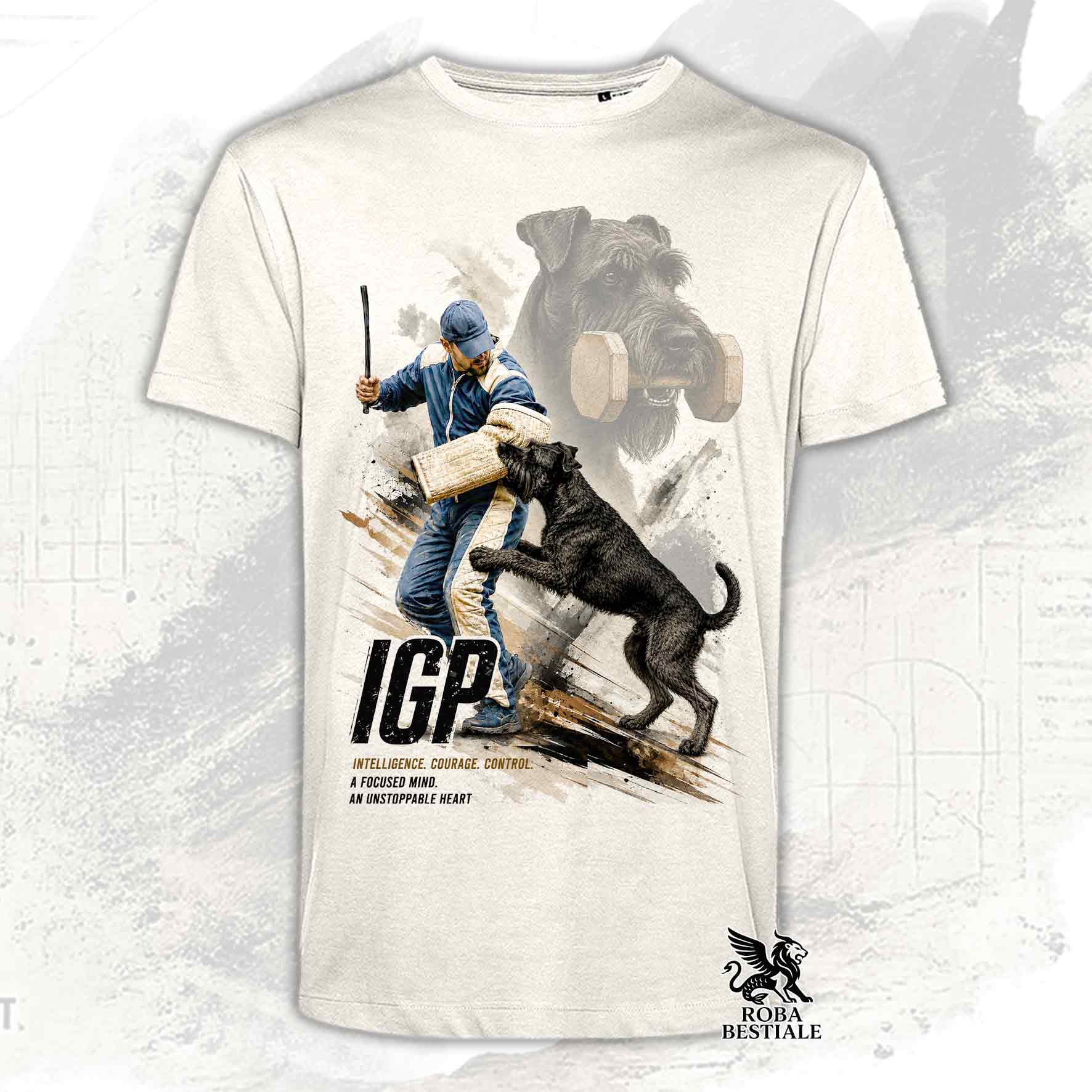 T-shirt beige stampata con uno Schnauzer Gigante in una grafica dedicata all'IGP, collezione Zero DIstance di Roba Bestiale