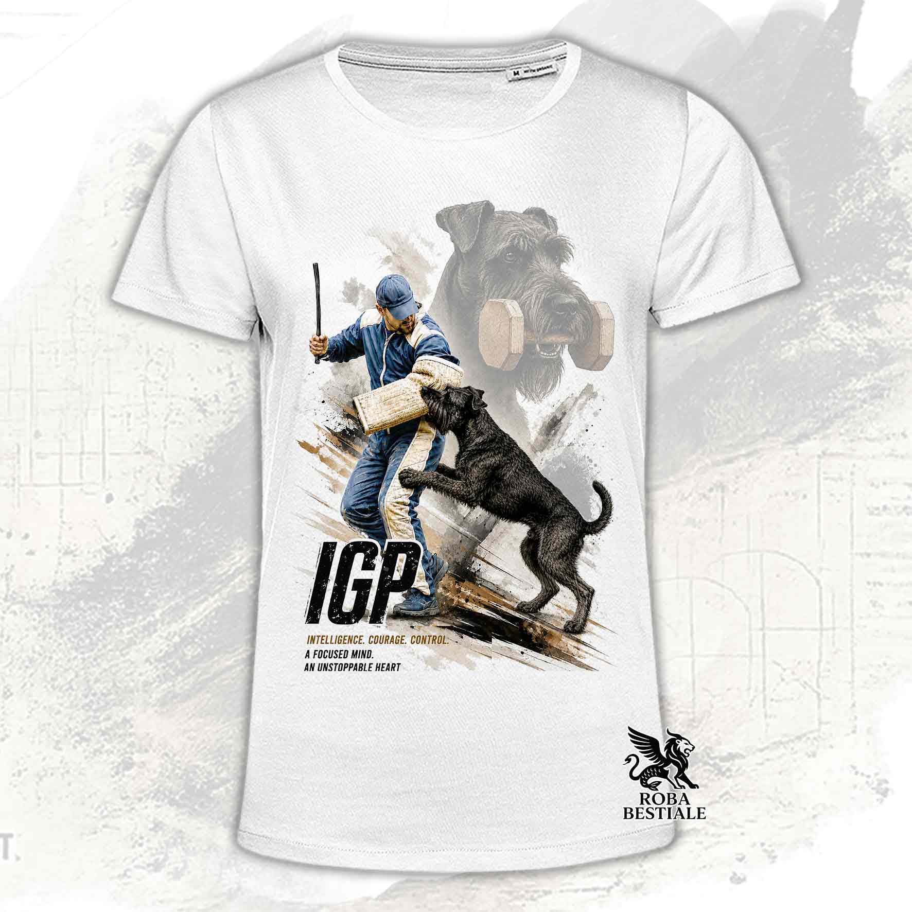 T-shirt bianca stampata con uno Schnauzer Gigante in una grafica dedicata all'IGP, collezione Zero DIstance di Roba Bestiale