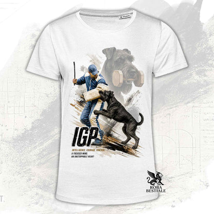 T-shirt bianca stampata con uno Schnauzer Gigante in una grafica dedicata all'IGP, collezione Zero DIstance di Roba Bestiale