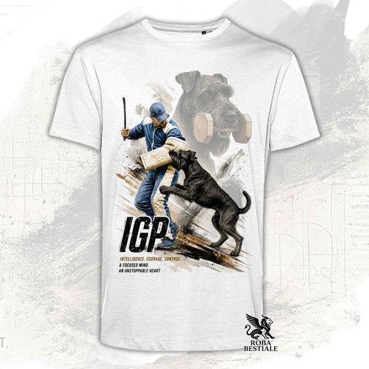 T-shirt bianca stampata con uno Schnauzer Gigante in una grafica dedicata all'IGP, collezione Zero DIstance di Roba Bestiale
