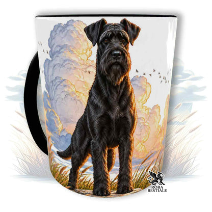 Tazza bianca con stampa cane nero e paesaggio cielo, manico nero
