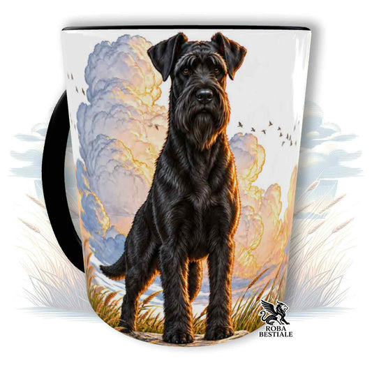 Tazza bianca con stampa cane nero e paesaggio cielo, manico nero