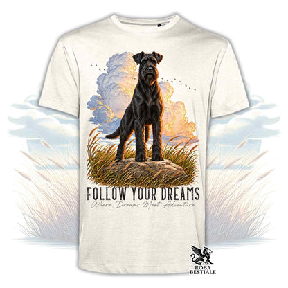 T-shirt avorio con cane nero frontale e scritta Follow Your Dreams