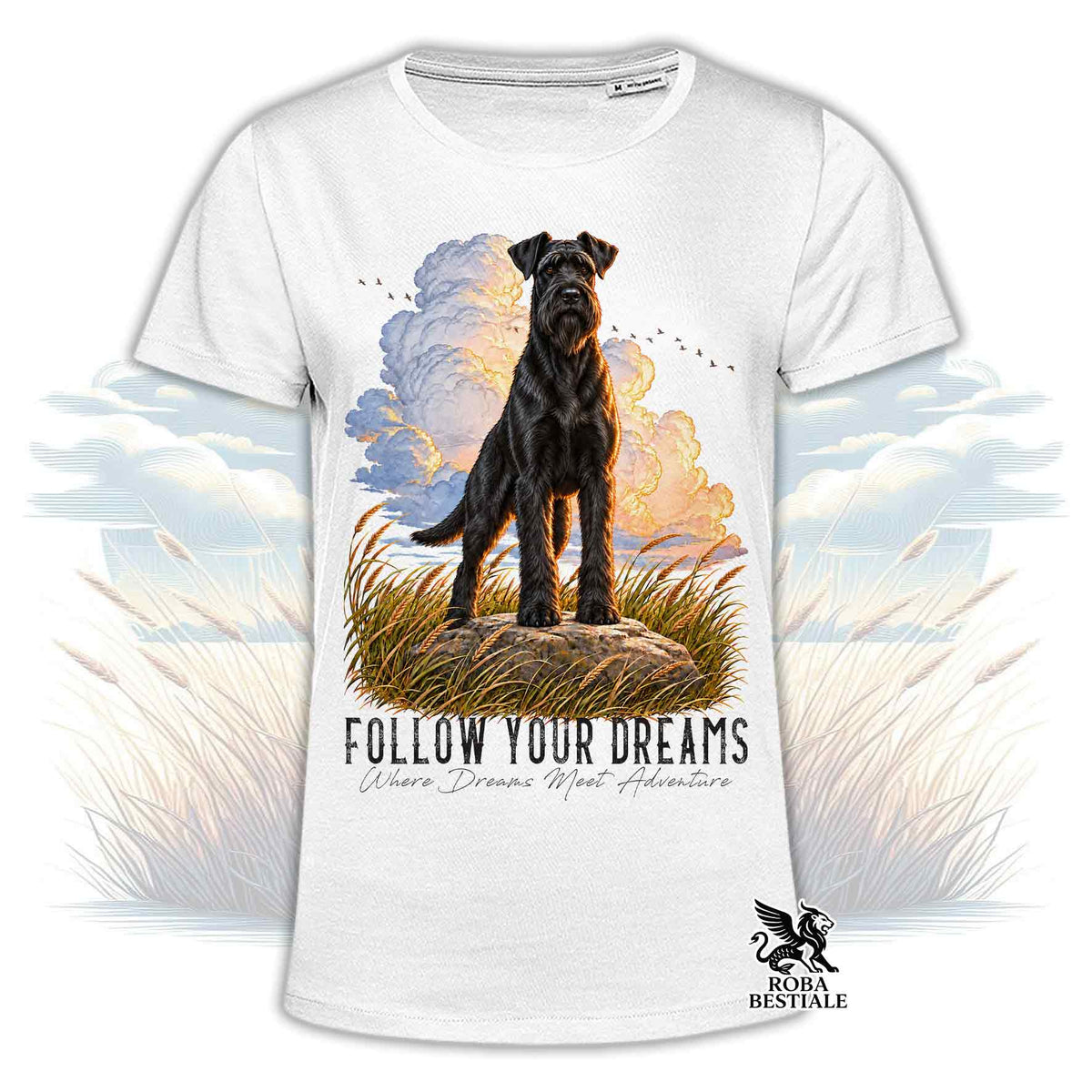 T-shirt bianca con cane nero, grafica cielo-arancio e logo Roba Bestiale