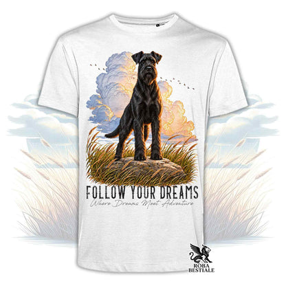 T-shirt bianca con stampa di cane nero e scritta Follow Your Dreams