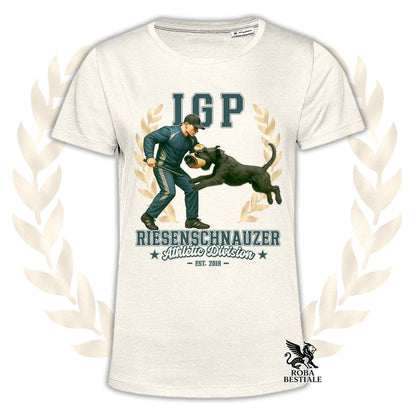 Una t-shirt stampata con un Riesenschnauzer che fa IGP. Grafica originale Roba Bestiale