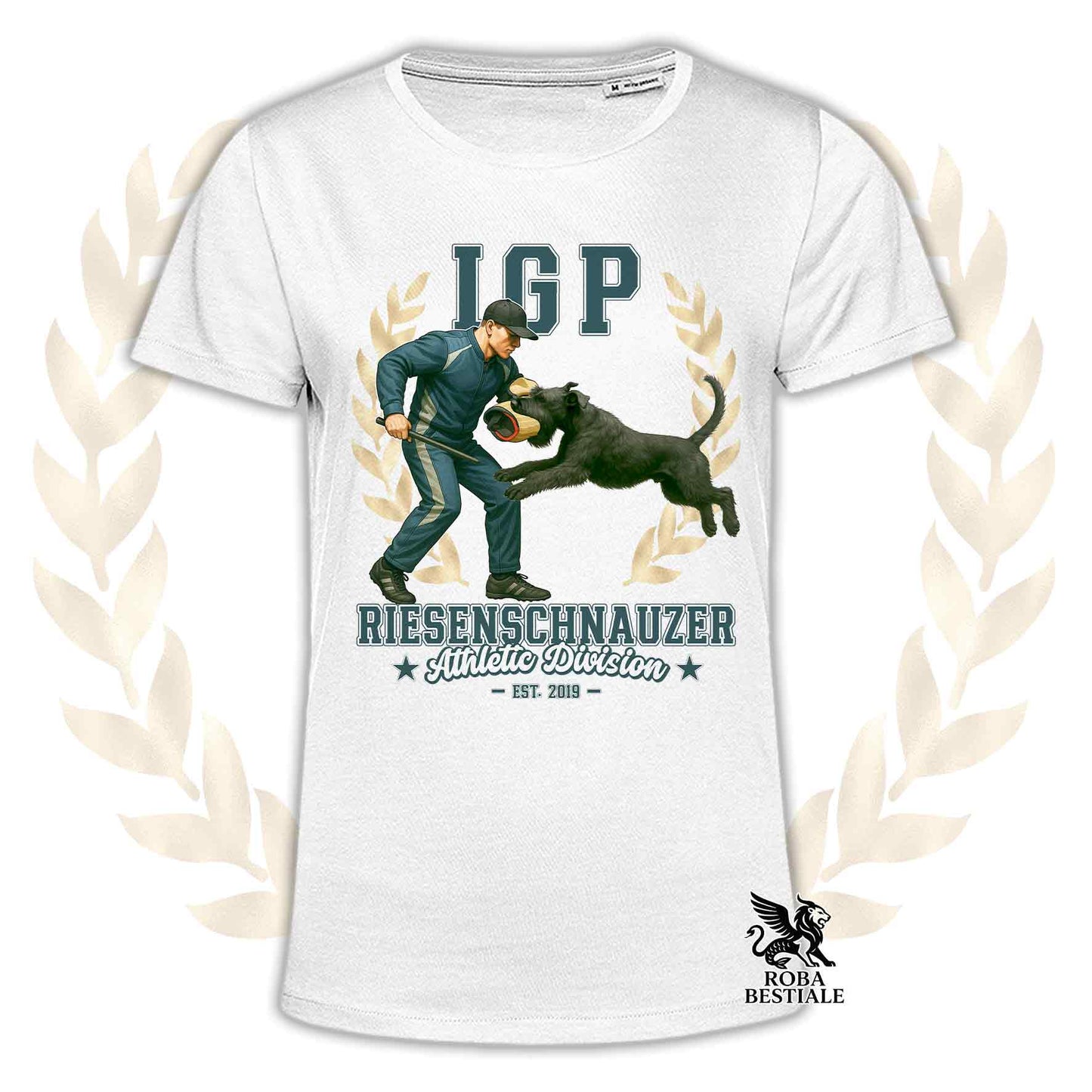 Una t-shirt stampata con un Riesenschnauzer che fa IGP. Grafica originale Roba Bestiale