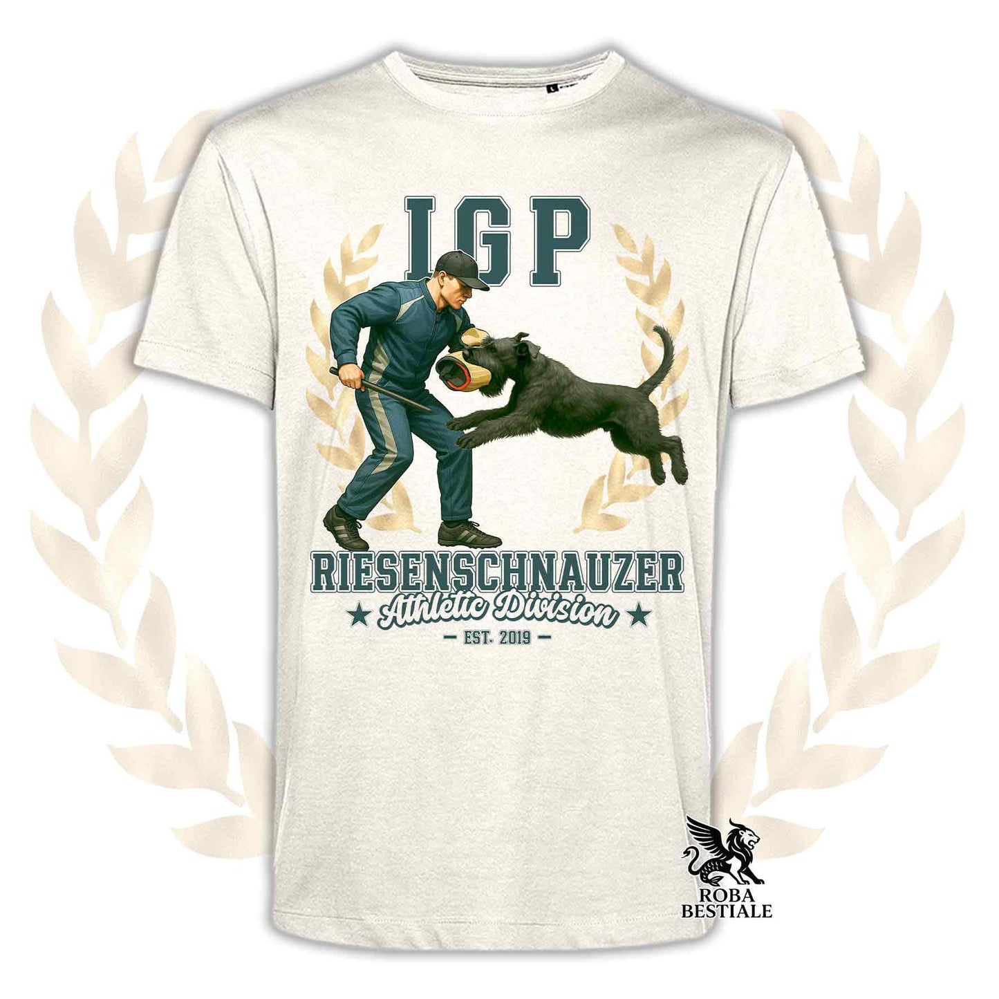 Una t-shirt stampata con un Riesenschnauzer che fa IGP. Grafica originale Roba Bestiale