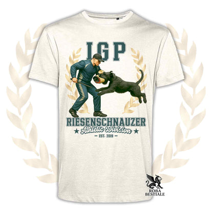 Una t-shirt stampata con un Riesenschnauzer che fa IGP. Grafica originale Roba Bestiale