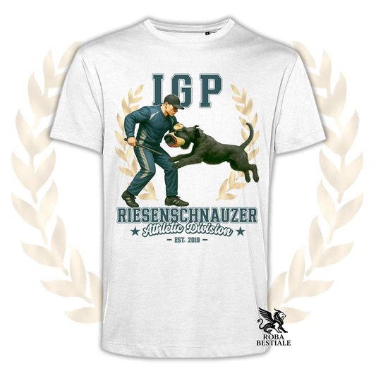 Una t-shirt stampata con un Riesenschnauzer che fa IGP. Grafica originale Roba Bestiale