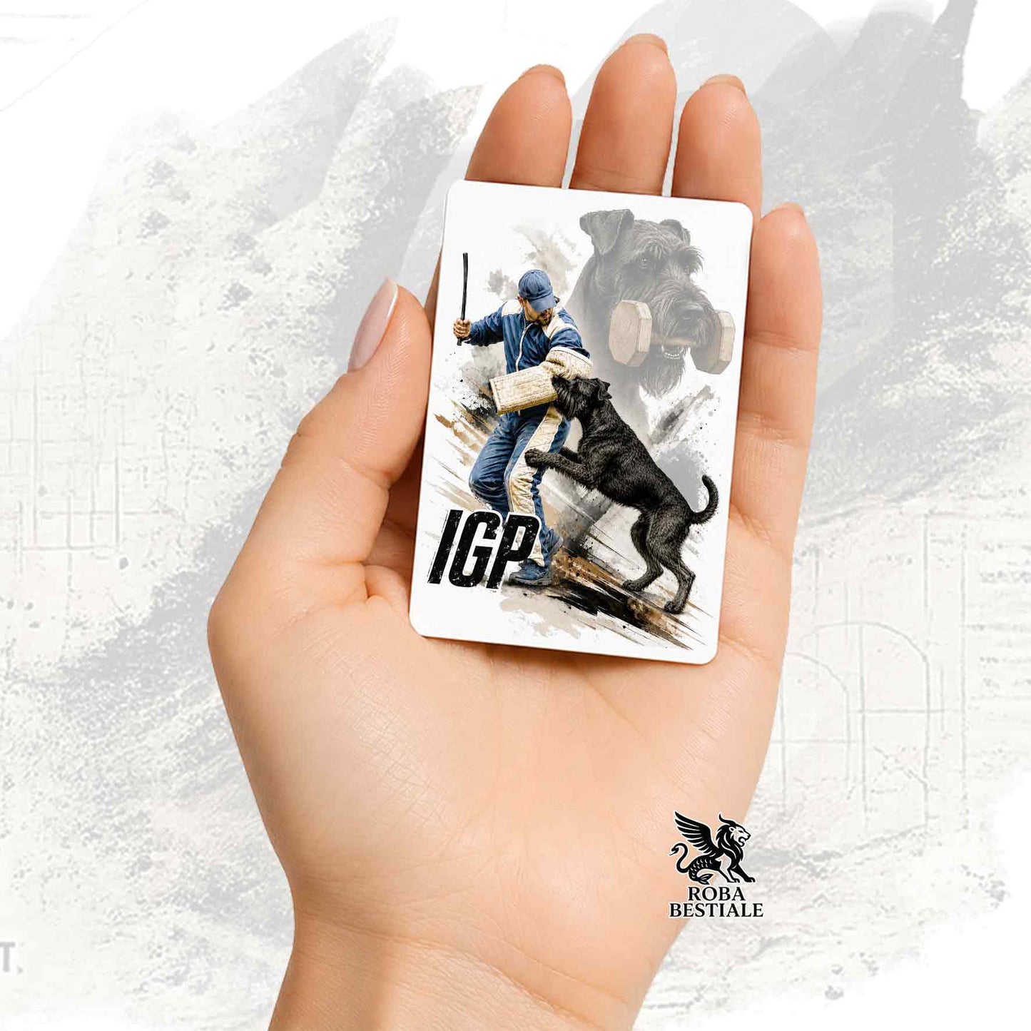 Calamita in MDF stampata con un Riesenschnauzer che fa IGP, grafica Zero Distance di Roba Bestiale
