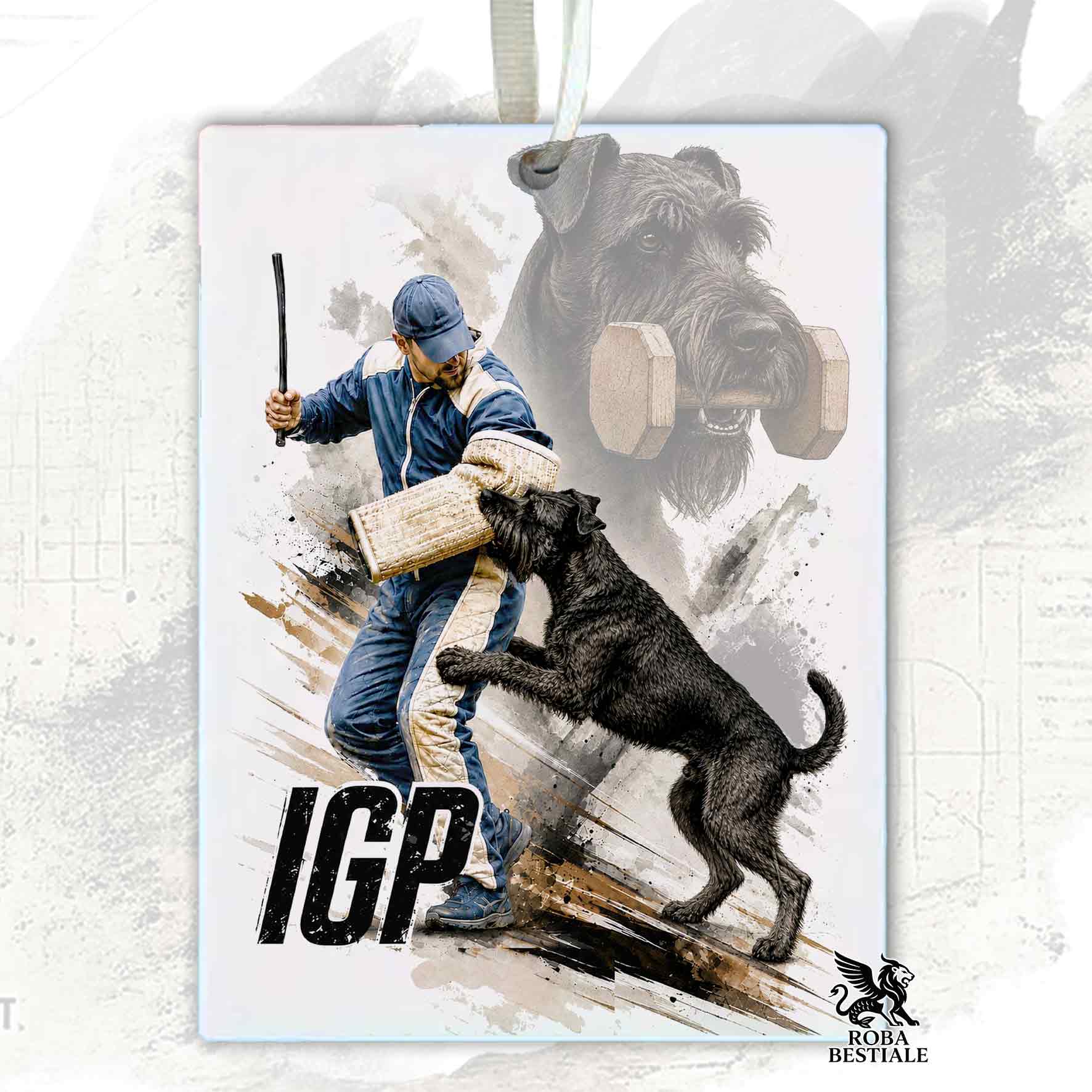 Profumatore in feltro con la stampa di un Riesenschnauzer che pratica IGP. Grafica originale Roba Bestiale