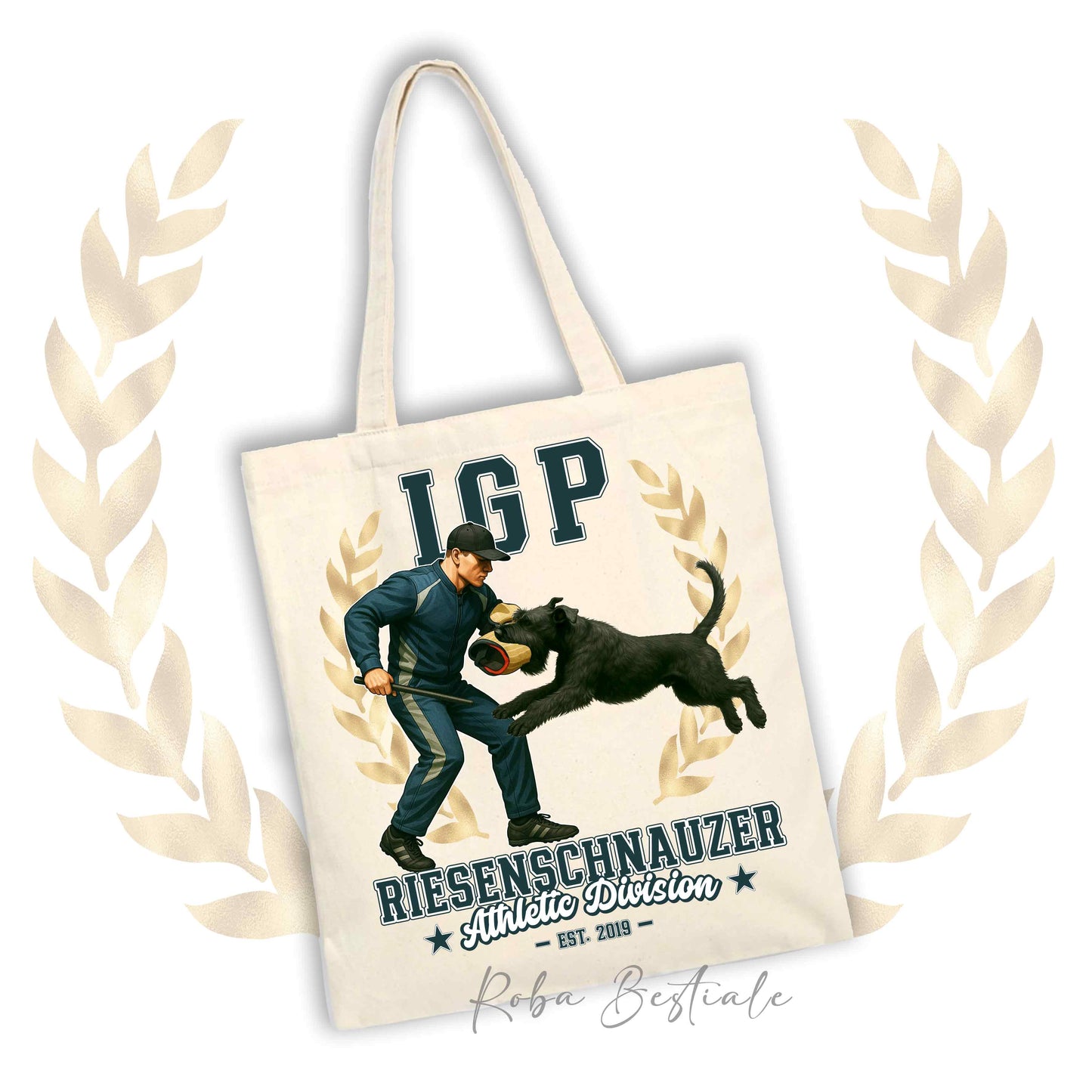 Borsa shopper stampata con un Riesenschnauzer che fa IGP. Grafica originale Roba Bestiale