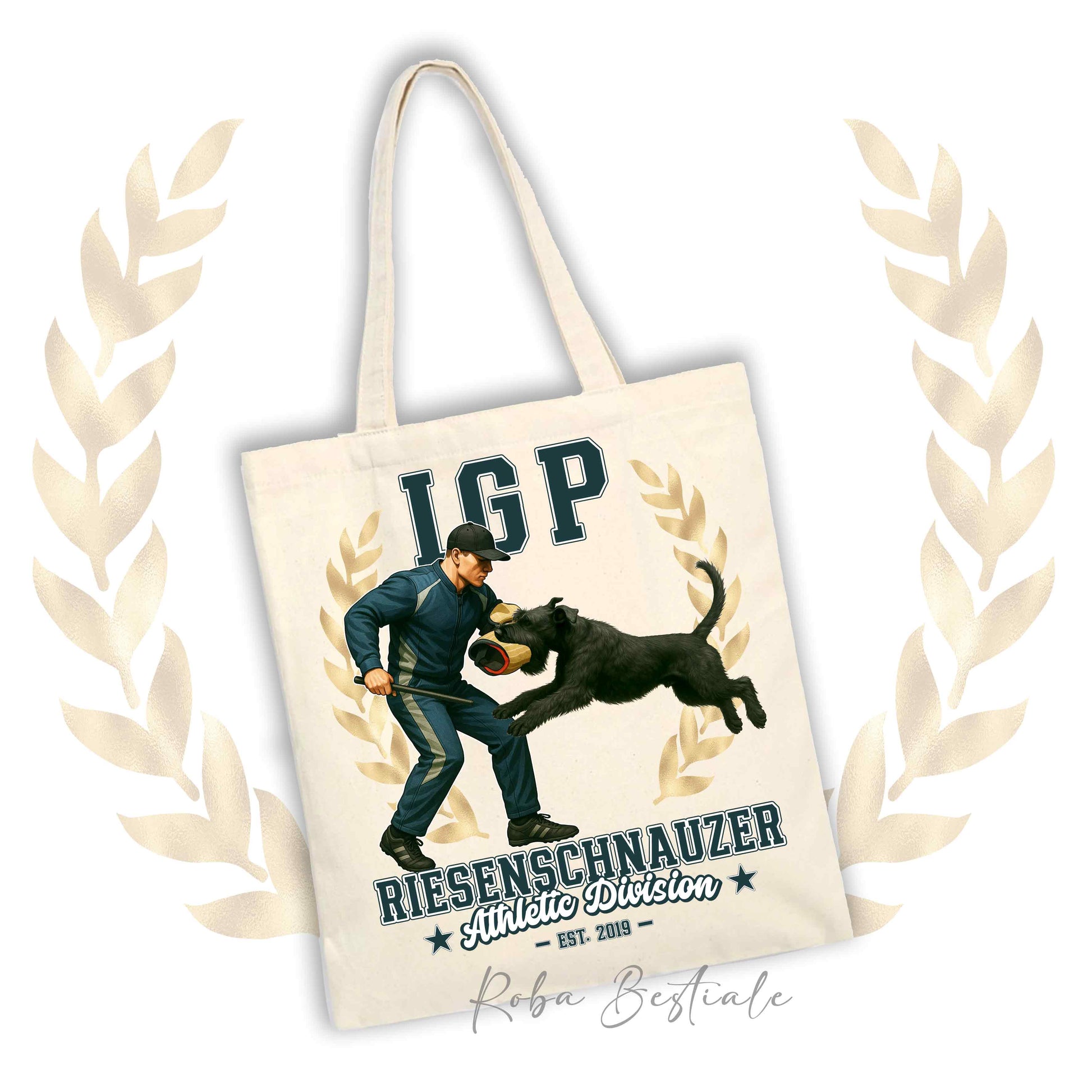 Borsa shopper stampata con un Riesenschnauzer che fa IGP. Grafica originale Roba Bestiale