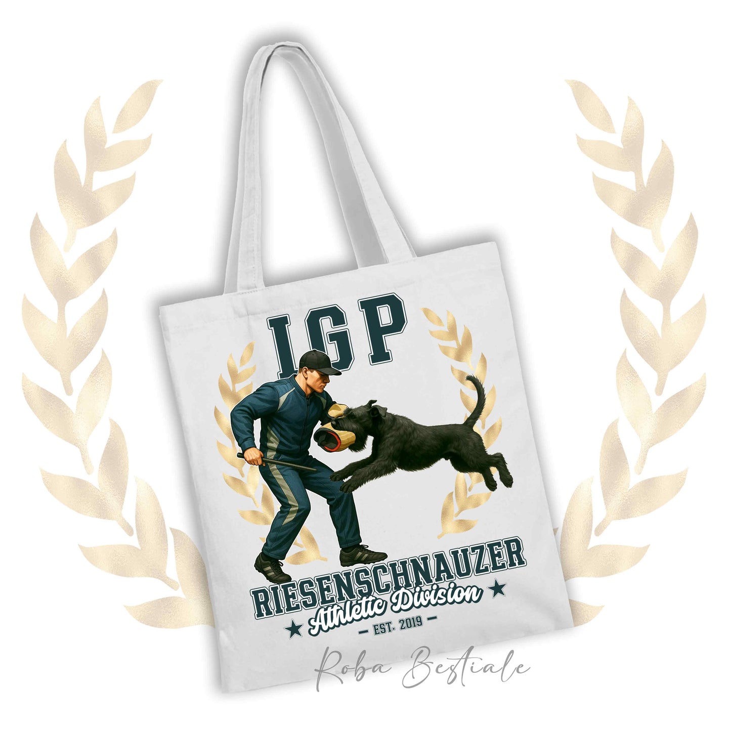 Borsa shopper stampata con un Riesenschnauzer che fa IGP. Grafica originale Roba Bestiale
