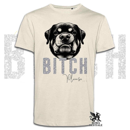 T-shirt beige stampata con un Rottweiler con espressione disgustata. Grafica originale Roba Bestiale, collezione Bitch Please