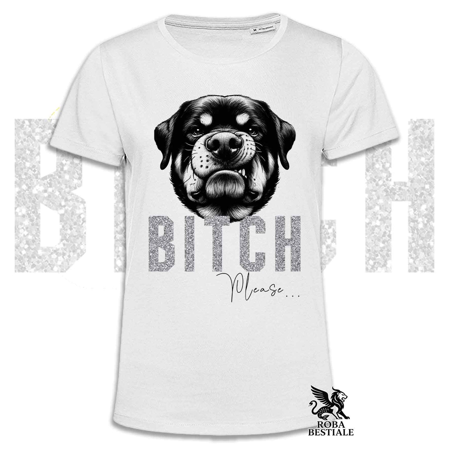 T-shirt bianca stampata con un Rottweiler con espressione disgustata. Grafica originale Roba Bestiale, collezione Bitch Please