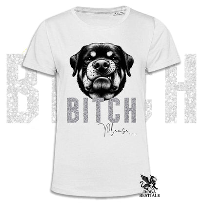 T-shirt bianca stampata con un Rottweiler con espressione disgustata. Grafica originale Roba Bestiale, collezione Bitch Please