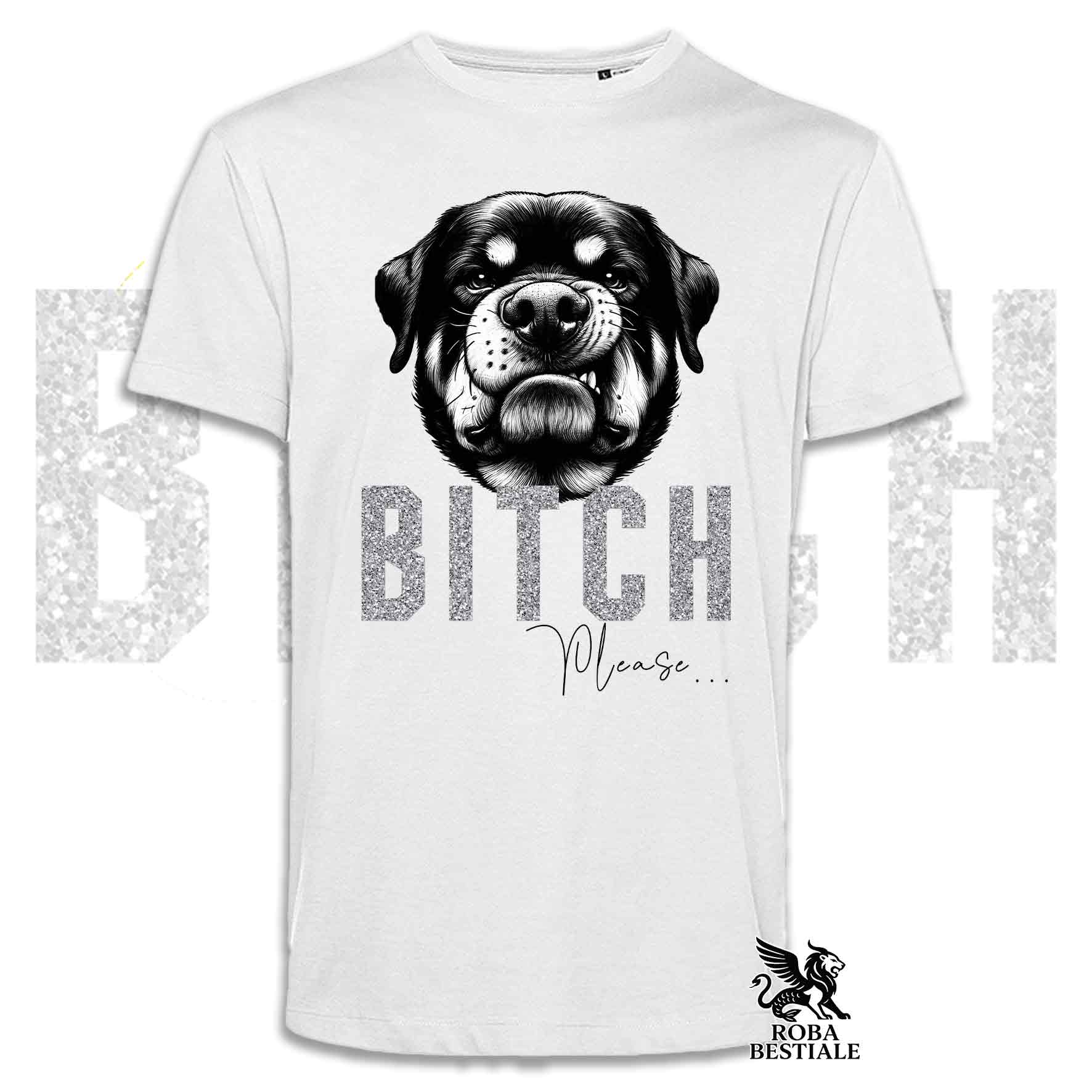 T-shirt bianca stampata con un Rottweiler con espressione disgustata. Grafica originale Roba Bestiale, collezione Bitch Please