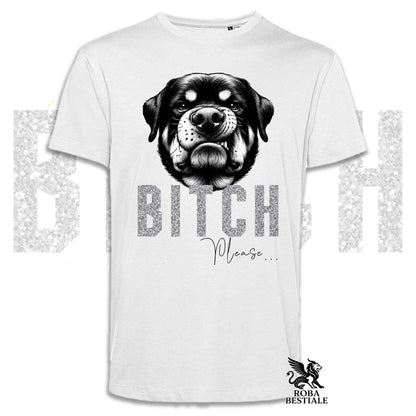 T-shirt bianca stampata con un Rottweiler con espressione disgustata. Grafica originale Roba Bestiale, collezione Bitch Please