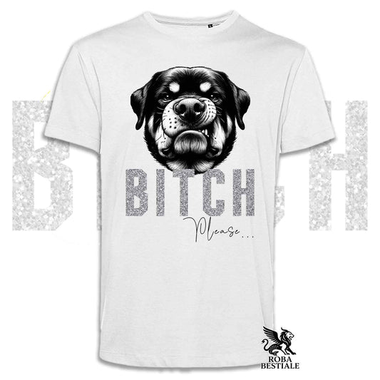 T-shirt bianca stampata con un Rottweiler con espressione disgustata. Grafica originale Roba Bestiale, collezione Bitch Please
