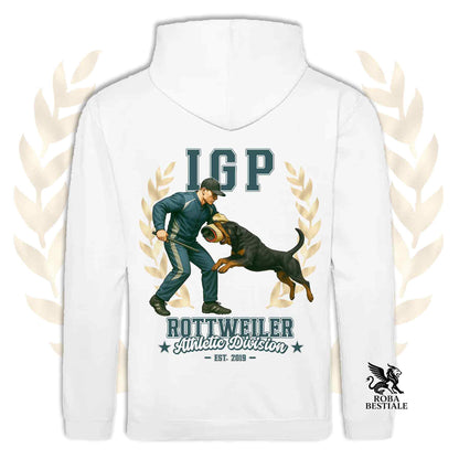 Una felpa con cappuccio e tasconi stampata con un Rottweiler che fa IGP. Grafica originale Roba Bestiale