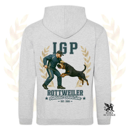 Una felpa con cappuccio e tasconi stampata con un Rottweiler che fa IGP. Grafica originale Roba Bestiale