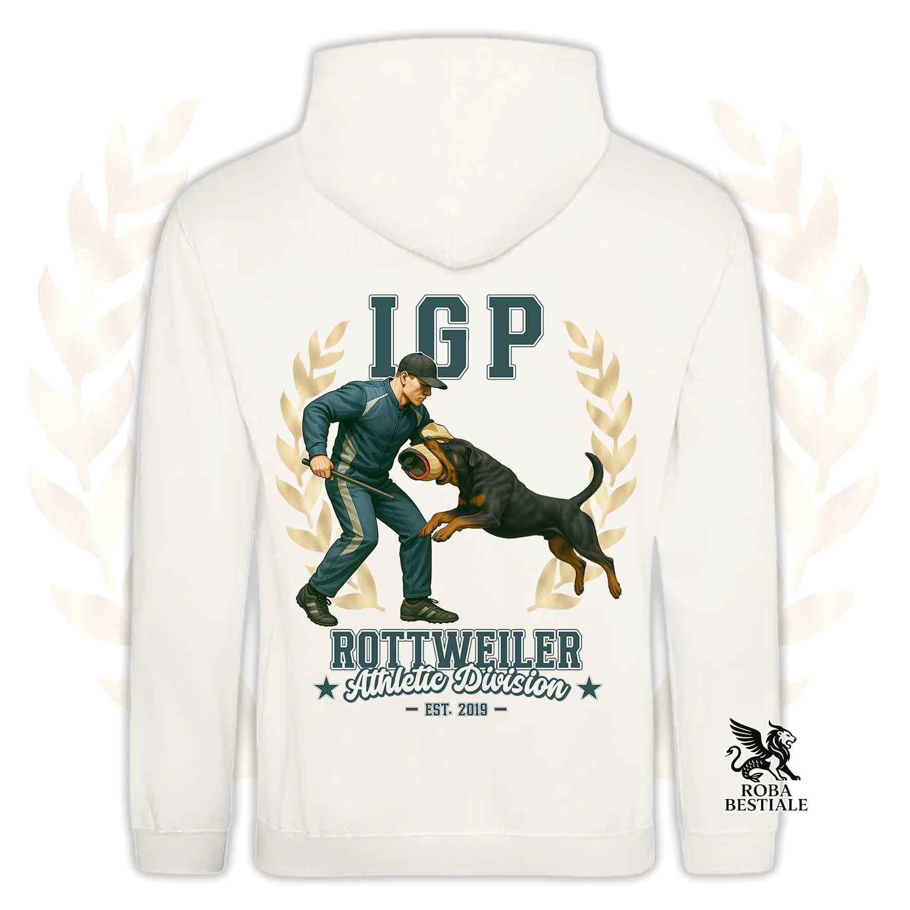 Una felpa con cappuccio e tasconi stampata con un Rottweiler che fa IGP. Grafica originale Roba Bestiale
