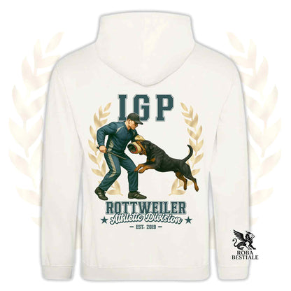 Una felpa con cappuccio e tasconi stampata con un Rottweiler che fa IGP. Grafica originale Roba Bestiale