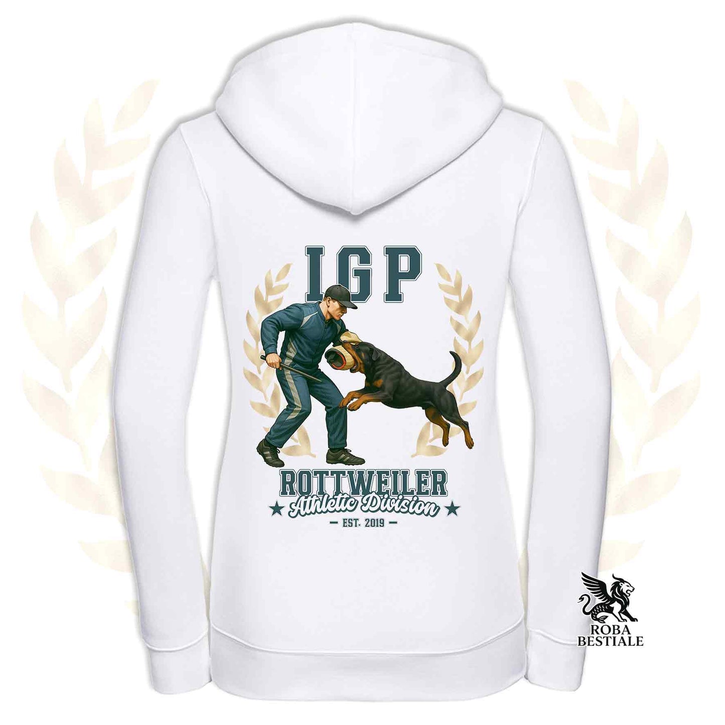 Una felpa con cappuccio e zip stampata con un Rottweiler che fa IGP. Grafica originale Roba Bestiale