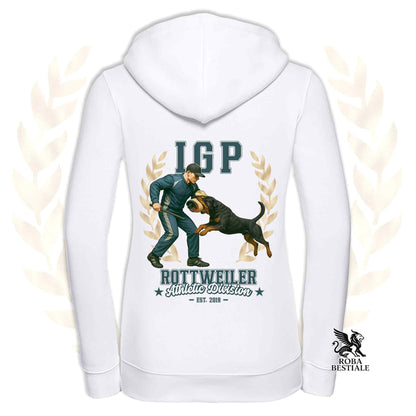 Una felpa con cappuccio e zip stampata con un Rottweiler che fa IGP. Grafica originale Roba Bestiale