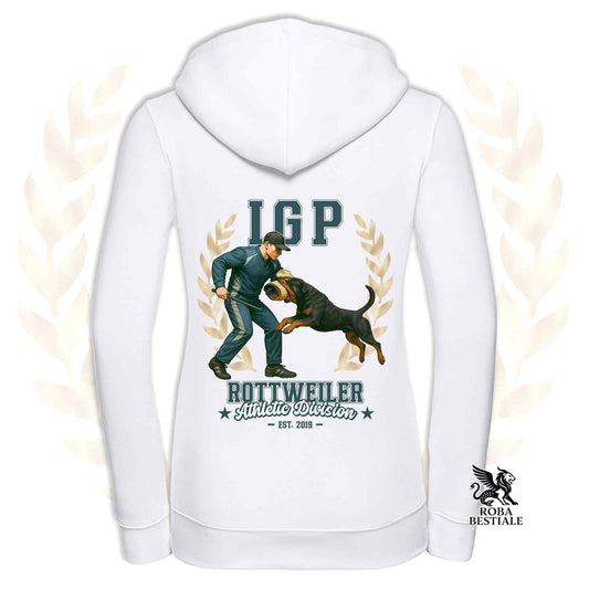 Una felpa con cappuccio e zip stampata con un Rottweiler che fa IGP. Grafica originale Roba Bestiale