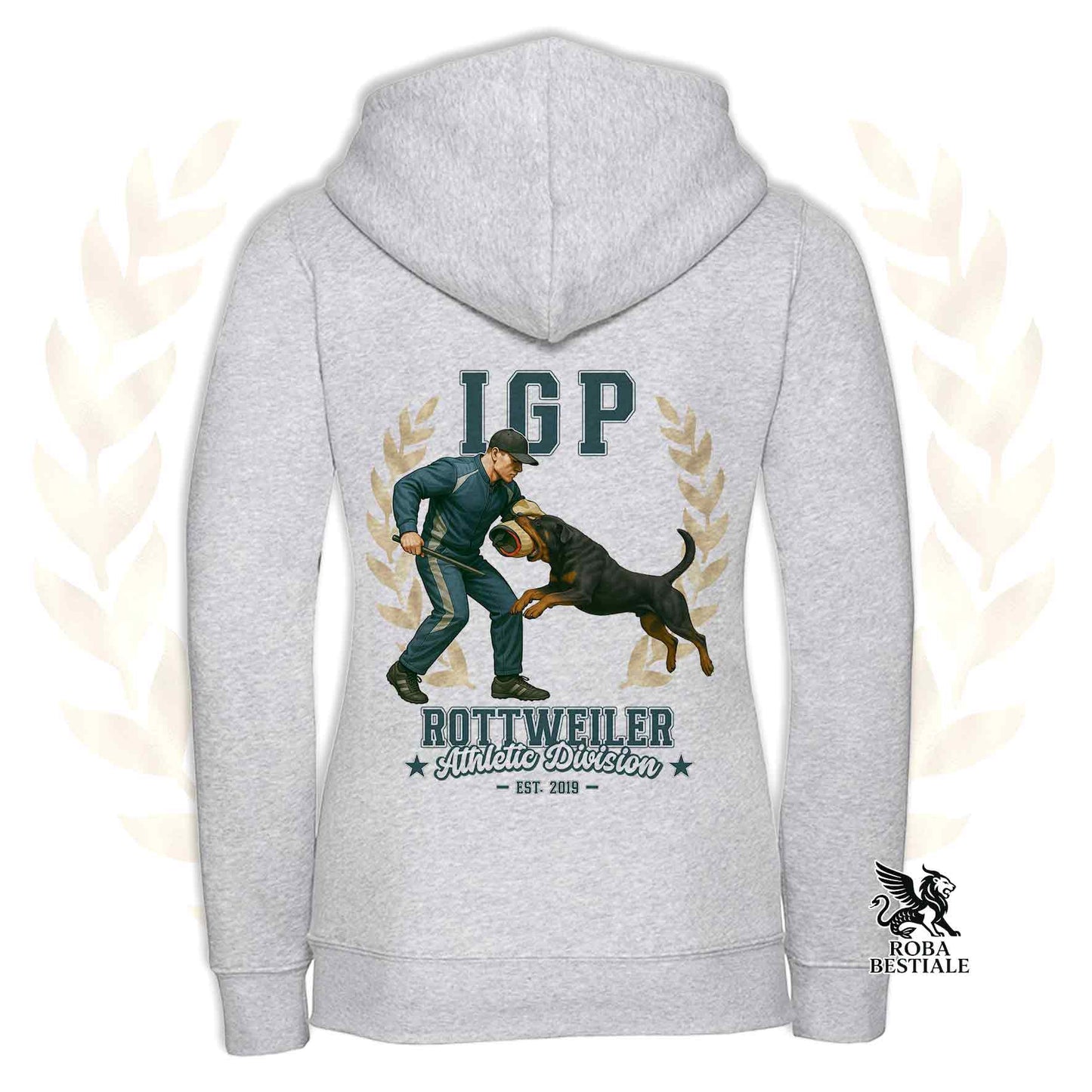 Una felpa con cappuccio e zip stampata con un Rottweiler che fa IGP. Grafica originale Roba Bestiale