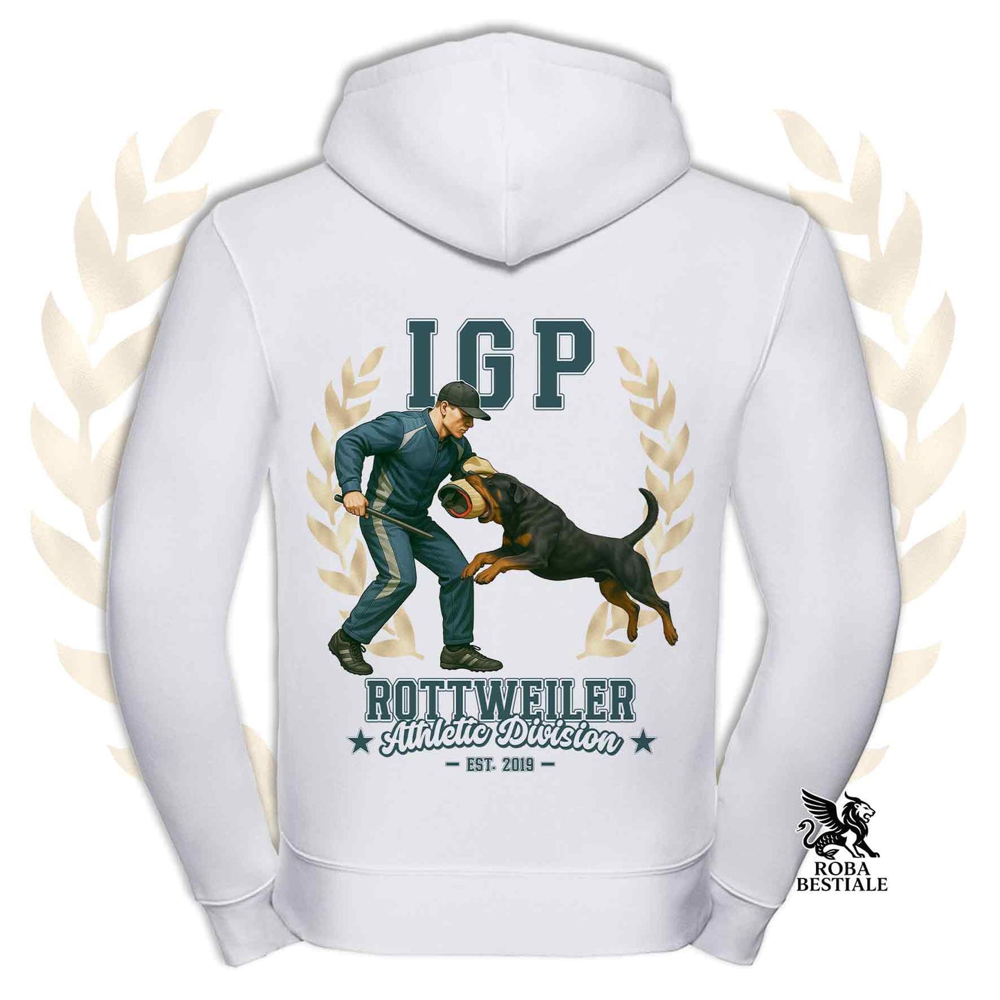 Una felpa con cappuccio e zip stampata con un Rottweiler che fa IGP. Grafica originale Roba Bestiale