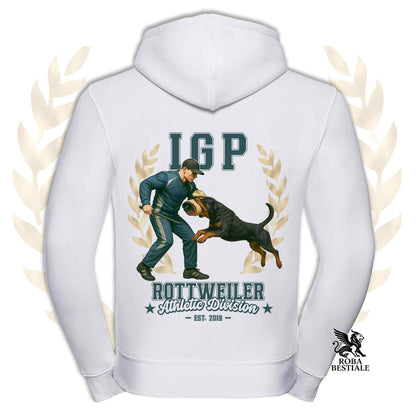 Una felpa con cappuccio e zip stampata con un Rottweiler che fa IGP. Grafica originale Roba Bestiale