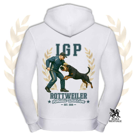 Una felpa con cappuccio e zip stampata con un Rottweiler che fa IGP. Grafica originale Roba Bestiale