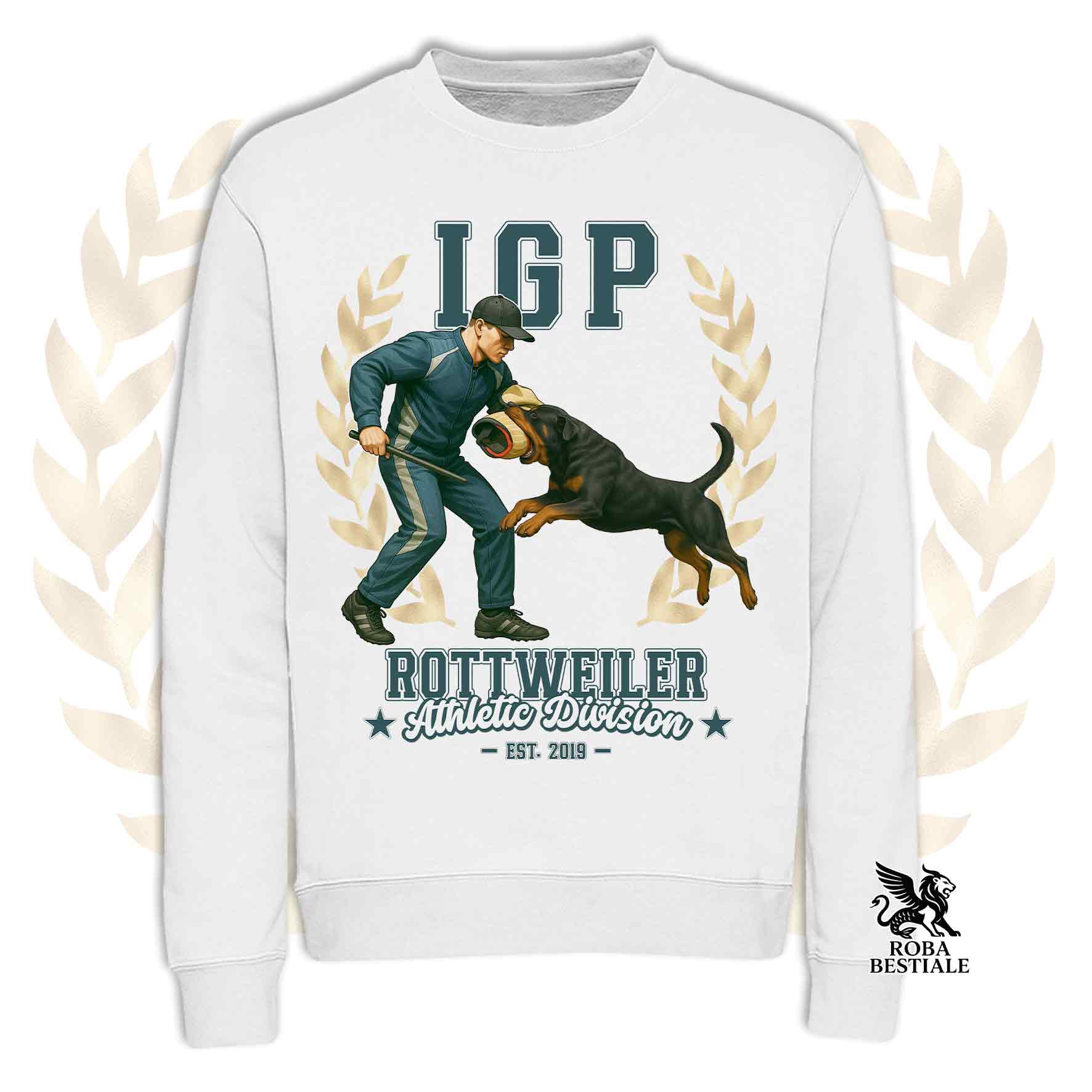 Una felpa girocollo stampata con un Rottweiler che fa IGP. Grafica originale Roba Bestiale