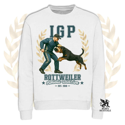 Una felpa girocollo stampata con un Rottweiler che fa IGP. Grafica originale Roba Bestiale