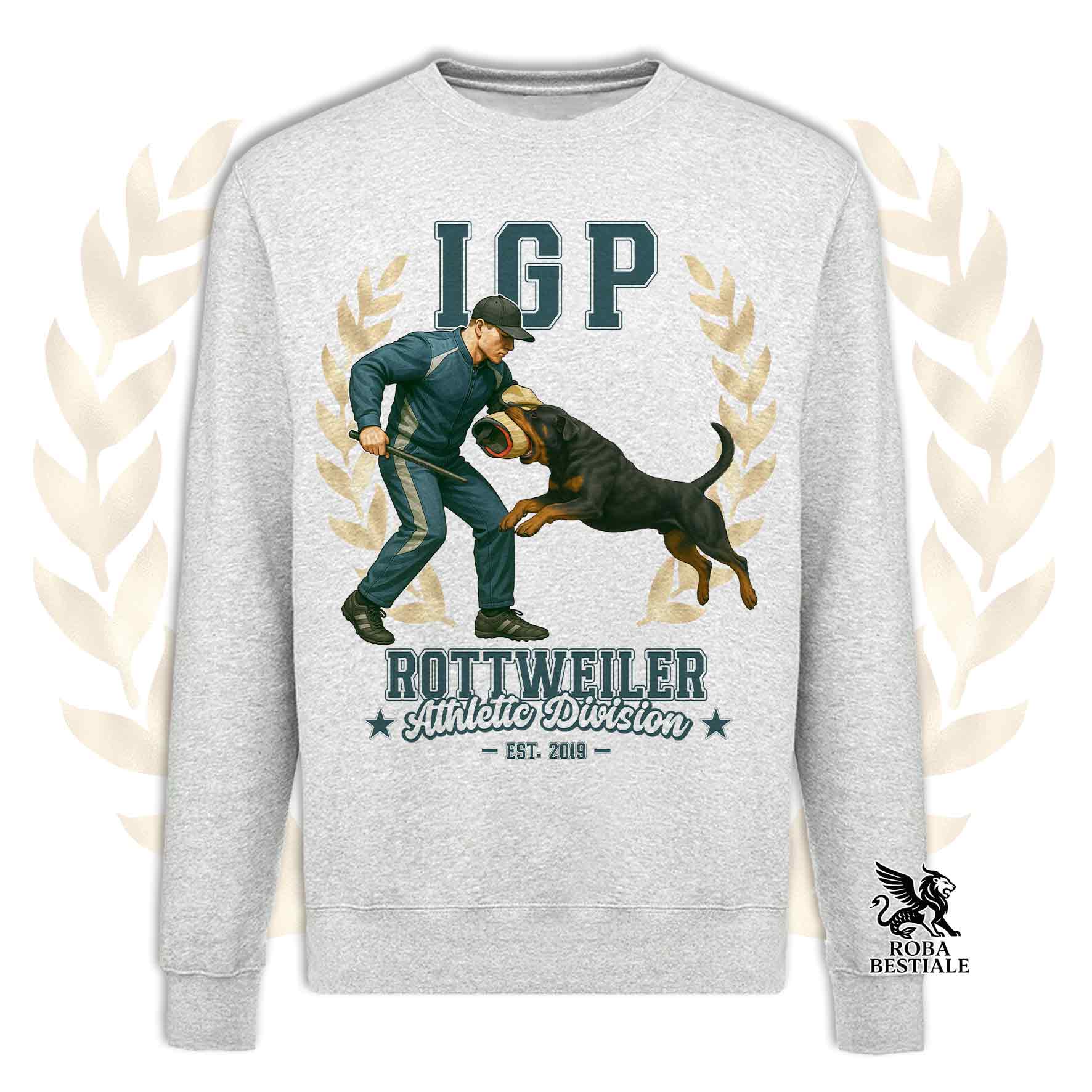 Una felpa girocollo stampata con un Rottweiler che fa IGP. Grafica originale Roba Bestiale