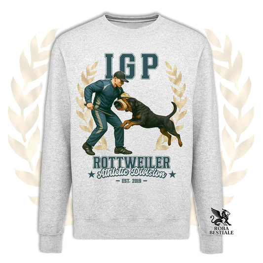 Una felpa girocollo stampata con un Rottweiler che fa IGP. Grafica originale Roba Bestiale