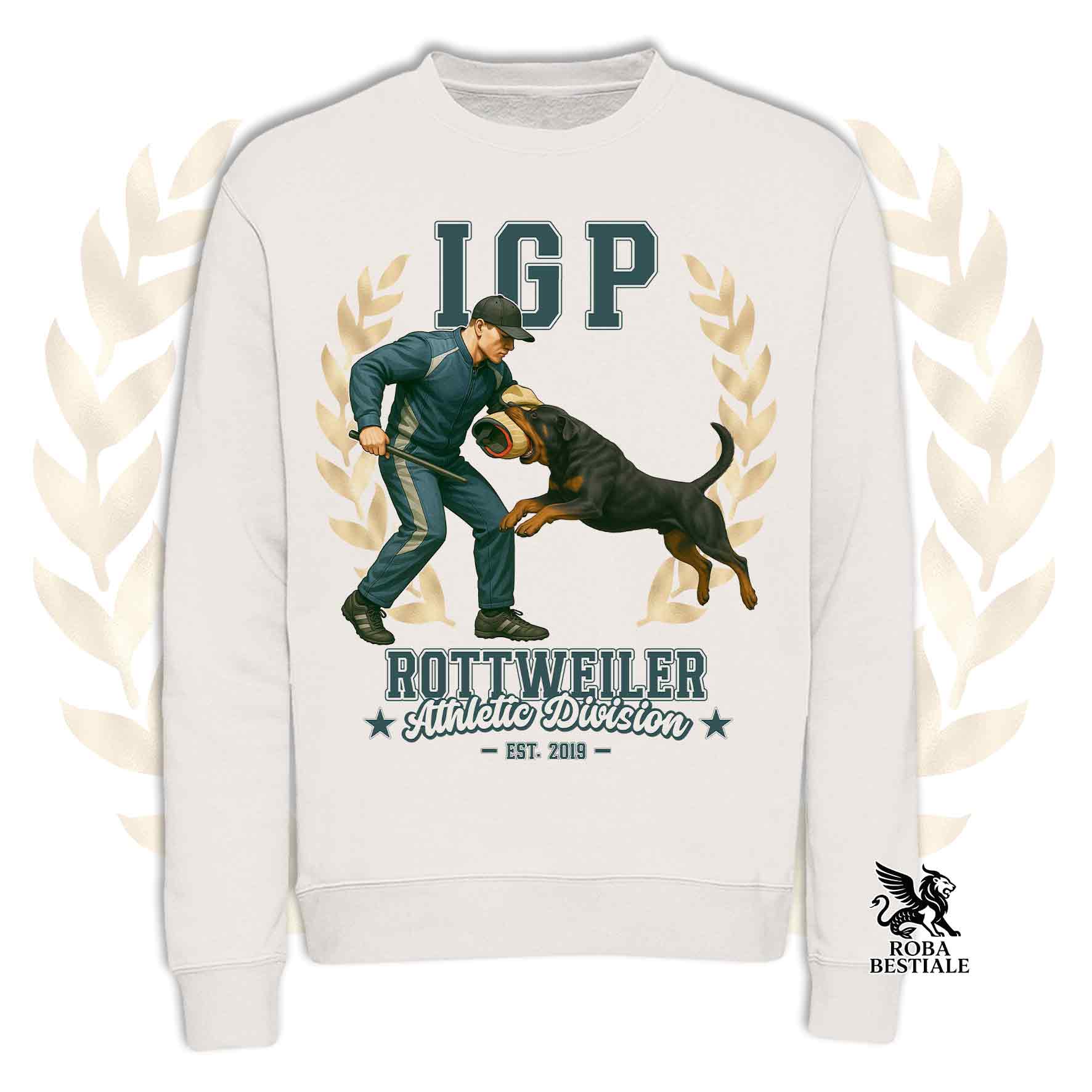 Una felpa girocollo stampata con un Rottweiler che fa IGP. Grafica originale Roba Bestiale