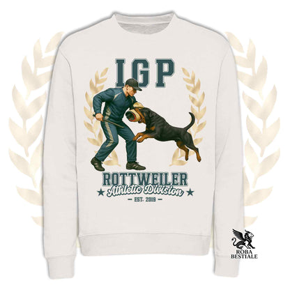 Una felpa girocollo stampata con un Rottweiler che fa IGP. Grafica originale Roba Bestiale