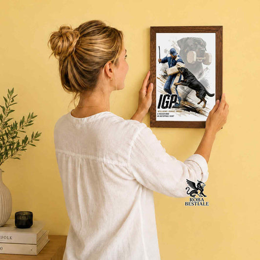 Stampa con cornice in legno con un Rottweiler che pratica IGP. Grafica Zero Distance, originale Roba Bestiale
